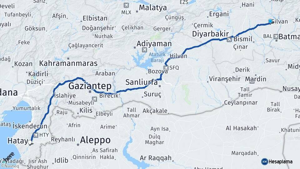 Diyarbakır Silvan Hatay Arası Kaç Km - Yol Haritası