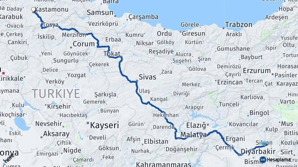 Diyarbakır Silvan Kastamonu Arası Kaç Km - Yol Haritası