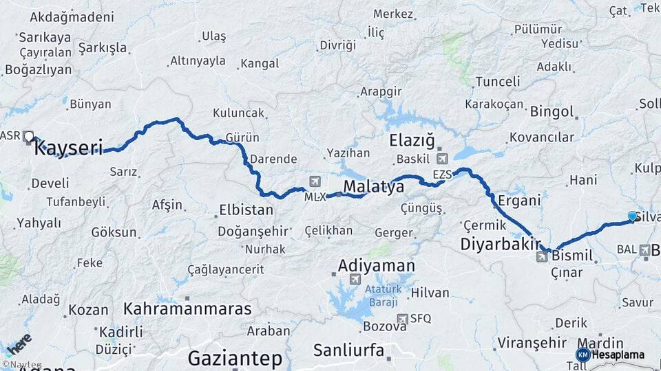 Diyarbakır Silvan Kayseri Arası Kaç Km - Yol Haritası