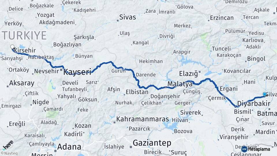 Diyarbakır Silvan Kırşehir Arası Kaç Km - Yol Haritası