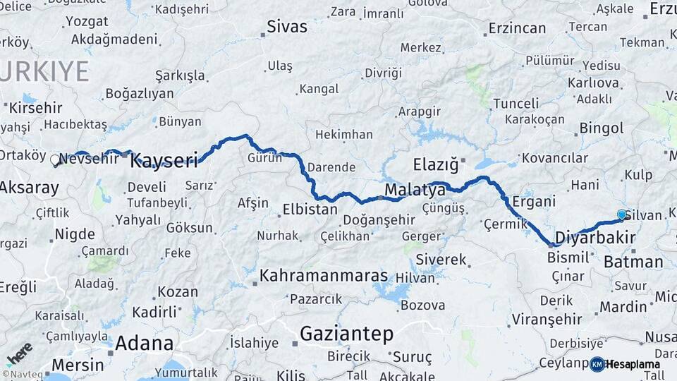 Diyarbakır Silvan Nevşehir Arası Kaç Km - Yol Haritası