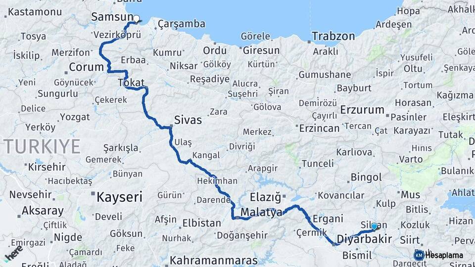Diyarbakır Silvan Samsun Arası Kaç Km - Yol Haritası