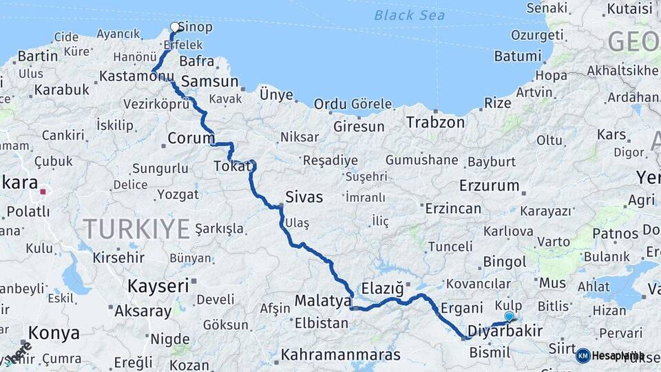 Diyarbakır Silvan Sinop Arası Kaç Km - Yol Haritası