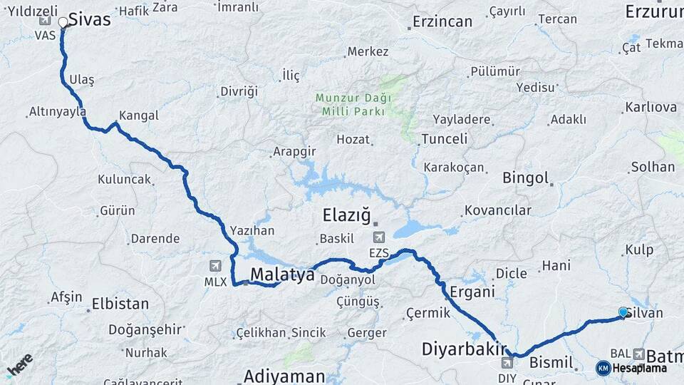 Diyarbakır Silvan Sivas Arası Kaç Km - Yol Haritası