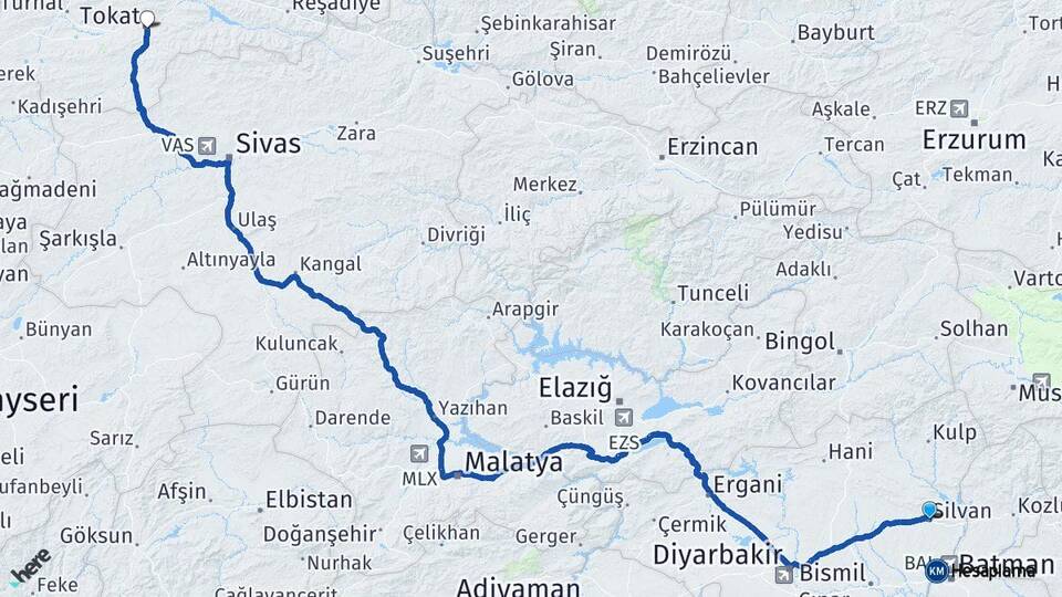 Diyarbakır Silvan Tokat Arası Kaç Km - Yol Haritası