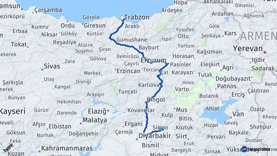 Diyarbakır Silvan Trabzon Arası Kaç Km - Yol Haritası