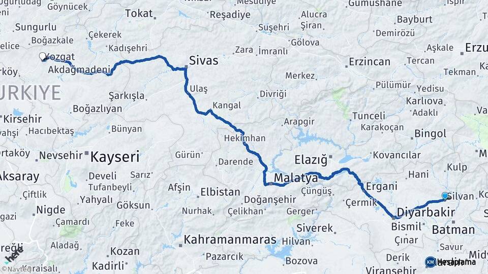 Diyarbakır Silvan Yozgat Arası Kaç Km - Yol Haritası