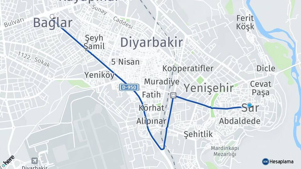 Diyarbakır Sur Bağlar Arası Kaç Km - Yol Haritası