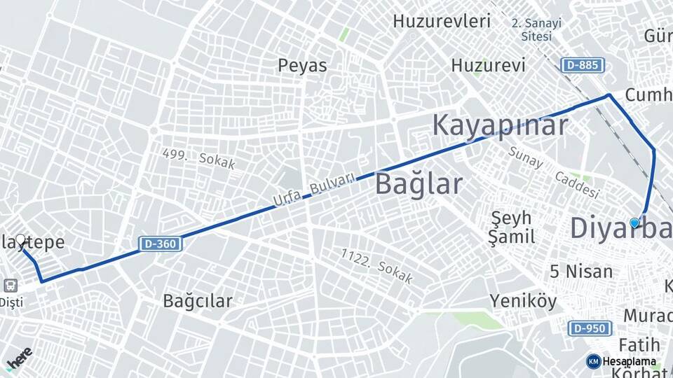 Diyarbakır Talaytepe Kayapınar Arası Kaç Km - Yol Haritası
