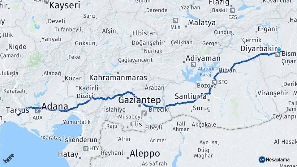 Diyarbakır Tarsus Mersin Arası Kaç Km - Yol Haritası