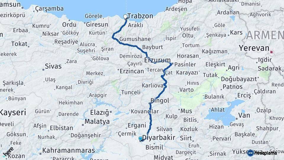 Diyarbakır Trabzon Arası Kaç Km - Yol Haritası