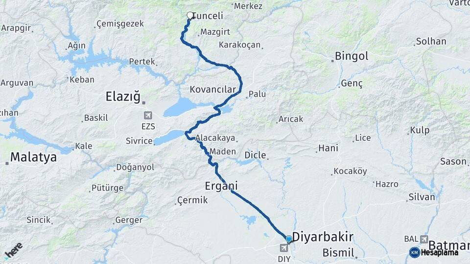 Diyarbakır Tunceli Arası Kaç Km - Yol Haritası
