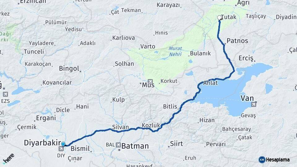 Diyarbakır Tutak Ağrı Arası Kaç Km - Yol Haritası