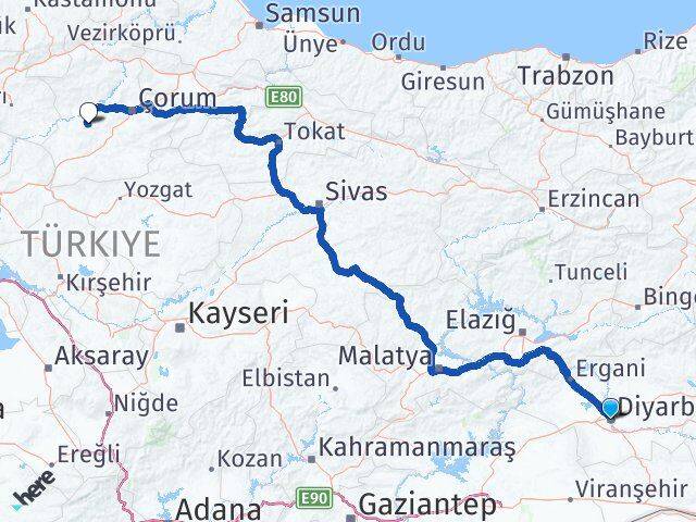 Diyarbakır Uğurludağ Çorum Arası Kaç Km - Yol Haritası