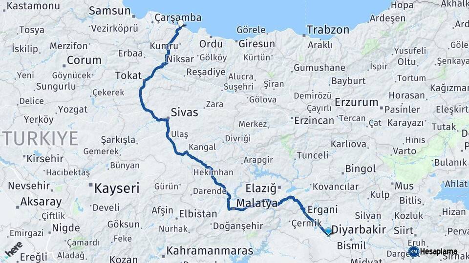 Diyarbakır Ünye Ordu Arası Kaç Km - Yol Haritası
