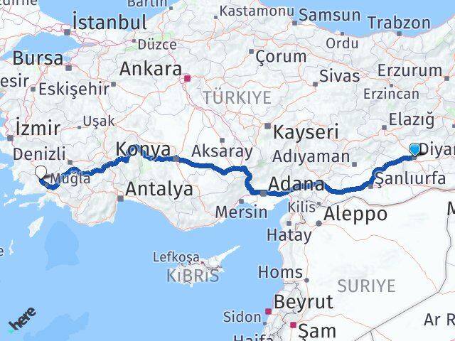 Diyarbakır Yatağan Muğla Arası Kaç Km - Yol Haritası