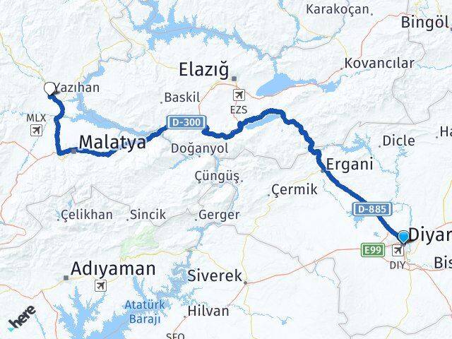 Diyarbakır Yazıhan Malatya Arası Kaç Km - Yol Haritası