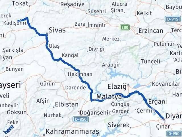 Diyarbakır Yeşilyurt Tokat Arası Kaç Km - Yol Haritası