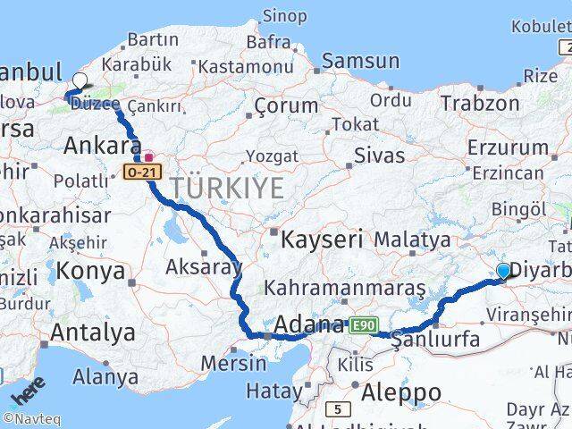 Diyarbakır Yığılca Düzce Arası Kaç Km - Yol Haritası