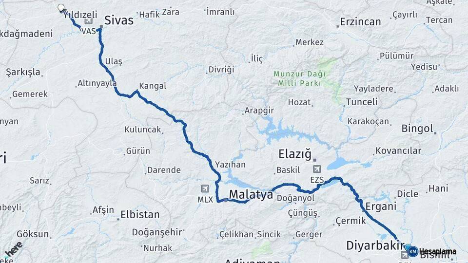 Diyarbakır Yıldızeli Sivas Arası Kaç Km - Yol Haritası
