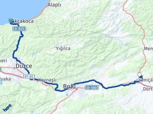 Düzce Akçakoca Adaköy Yeniçağa Bolu Arası Kaç Km - Yol Haritası