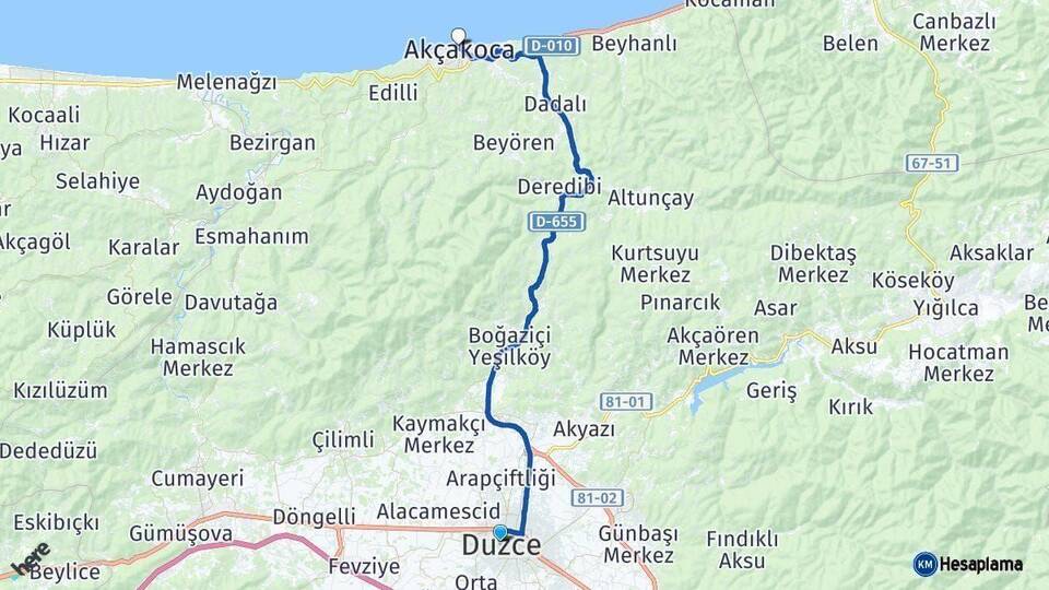 Düzce Akçakoca Arası Kaç Km - Yol Haritası