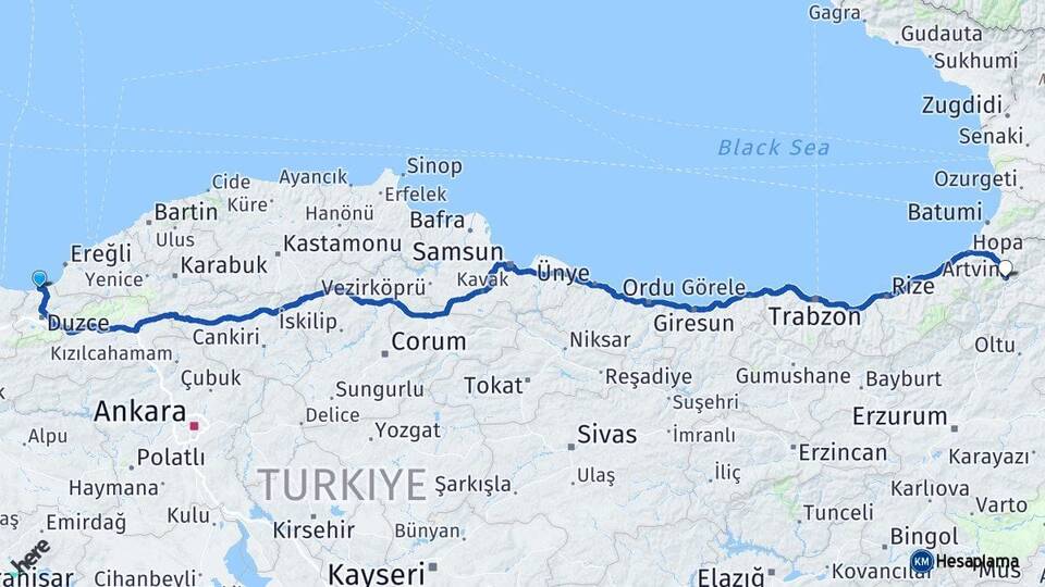 Düzce Akçakoca Artvin Arası Kaç Km - Yol Haritası