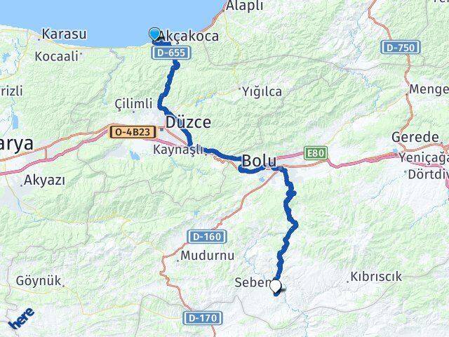 Düzce Akçakoca Bakırlı Seben Bolu Arası Kaç Km - Yol Haritası