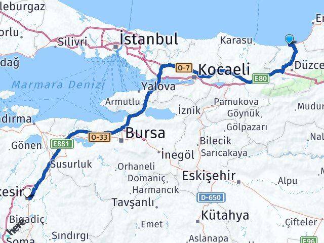 Düzce Akçakoca Balıkesir Arası Kaç Km - Yol Haritası