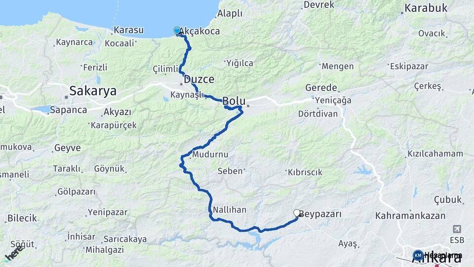Düzce Akçakoca Beypazarı Ankara Arası Kaç Km - Yol Haritası