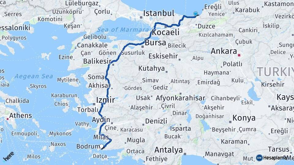 Düzce Akçakoca Bodrum Muğla Arası Kaç Km - Yol Haritası