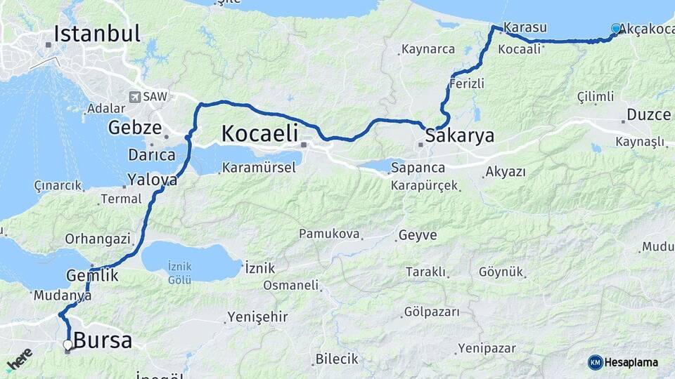 Düzce Akçakoca Bursa Arası Kaç Km - Yol Haritası
