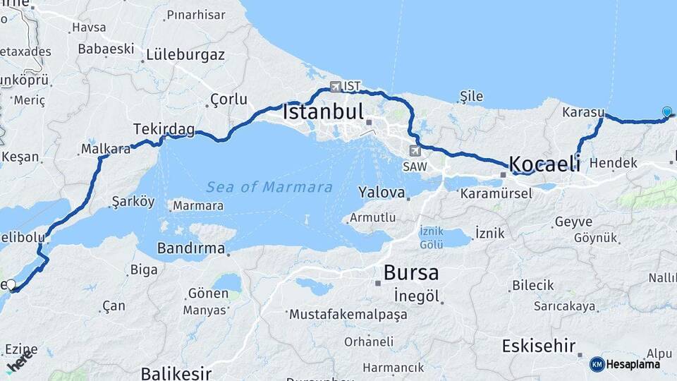 Düzce Akçakoca Çanakkale Arası Kaç Km - Yol Haritası