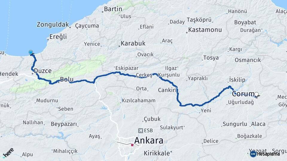 Akçakoca Çorum Arası Kaç Km - Yol Tarifi