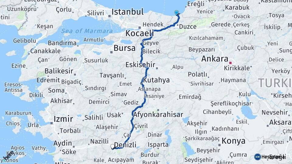Düzce Akçakoca Denizli Arası Kaç Km - Yol Haritası