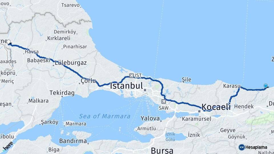 Düzce Akçakoca Edirne Arası Kaç Km - Yol Haritası