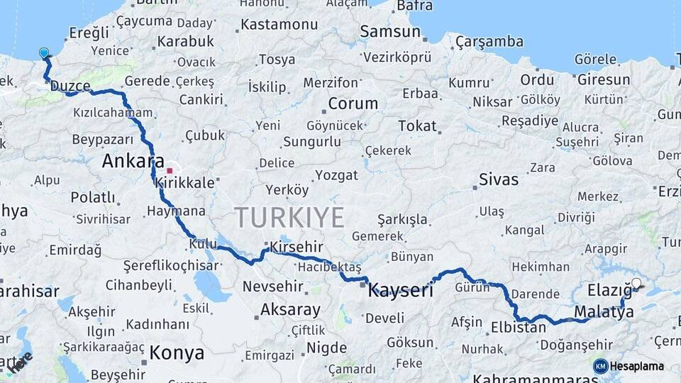 Düzce Akçakoca Elazığ Arası Kaç Km - Yol Haritası