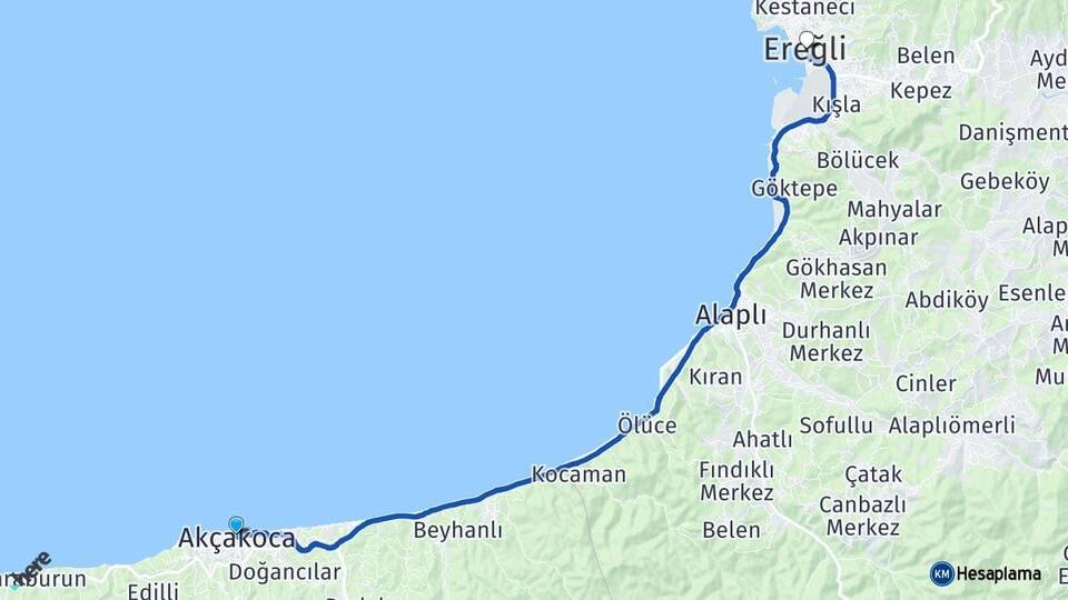 Düzce Akçakoca Ereğli Zonguldak Arası Kaç Km - Yol Haritası