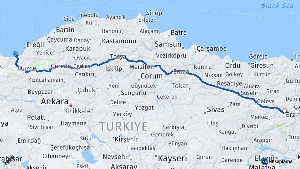 Düzce Akçakoca Erzincan Arası Kaç Km - Yol Haritası