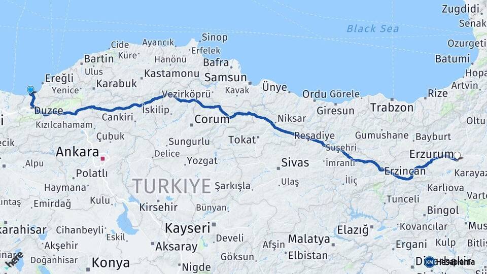 Düzce Akçakoca Erzurum Arası Kaç Km - Yol Haritası
