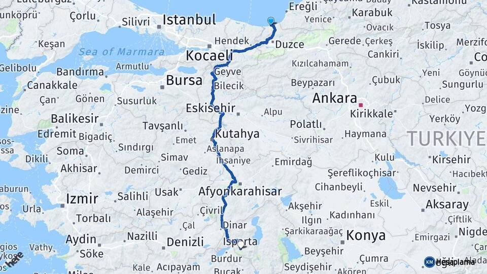 Düzce Akçakoca Isparta Arası Kaç Km - Yol Haritası