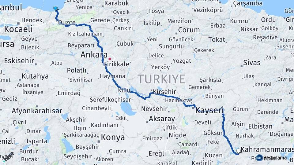 Düzce Akçakoca Kahramanmaraş Arası Kaç Km - Yol Haritası