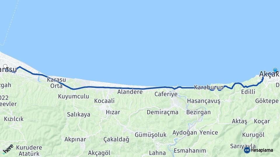 Düzce Akçakoca Karasu Sakarya Arası Kaç Km - Yol Haritası