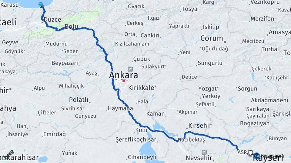 Düzce Akçakoca Kayseri Arası Kaç Km - Yol Haritası