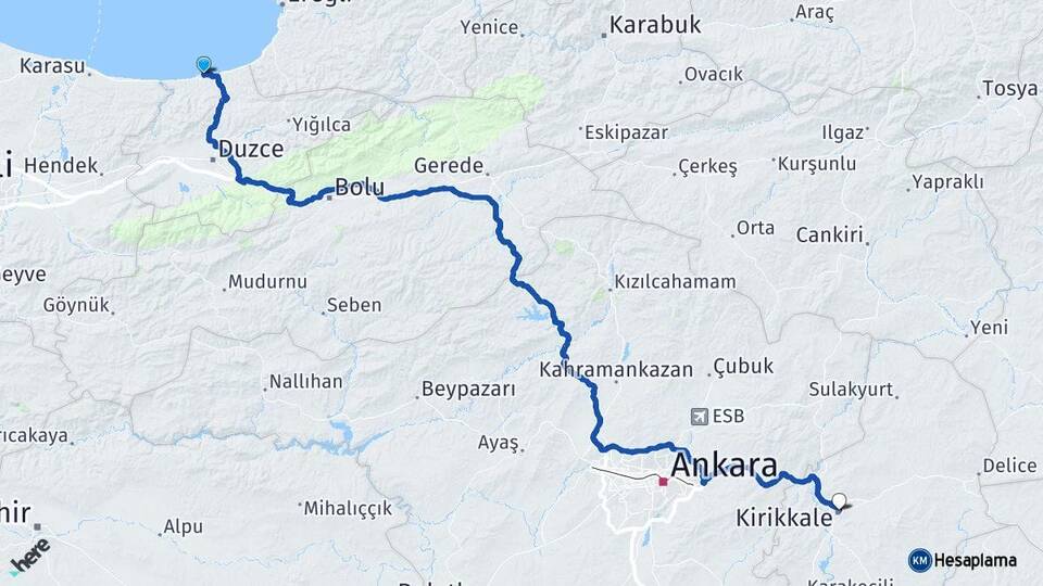 Düzce Akçakoca Kırıkkale Arası Kaç Km - Yol Haritası