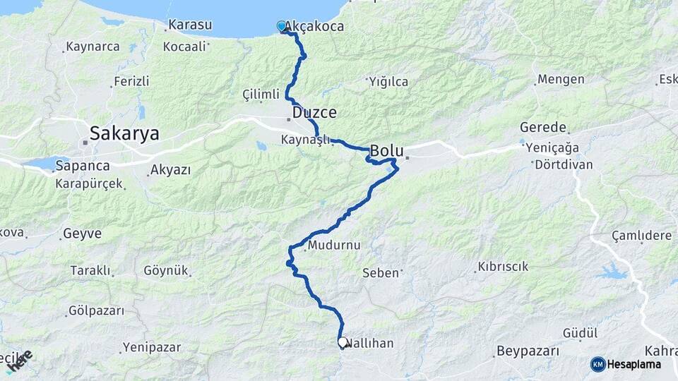 Düzce Akçakoca Nallıhan Ankara Arası Kaç Km - Yol Haritası