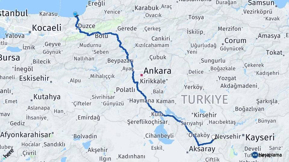 Düzce Akçakoca Nevşehir Arası Kaç Km - Yol Haritası