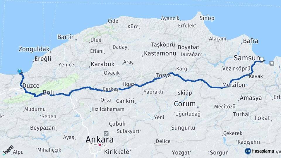 Düzce Akçakoca Samsun Arası Kaç Km - Yol Haritası