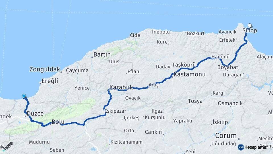 Düzce Akçakoca Sinop Arası Kaç Km - Yol Haritası