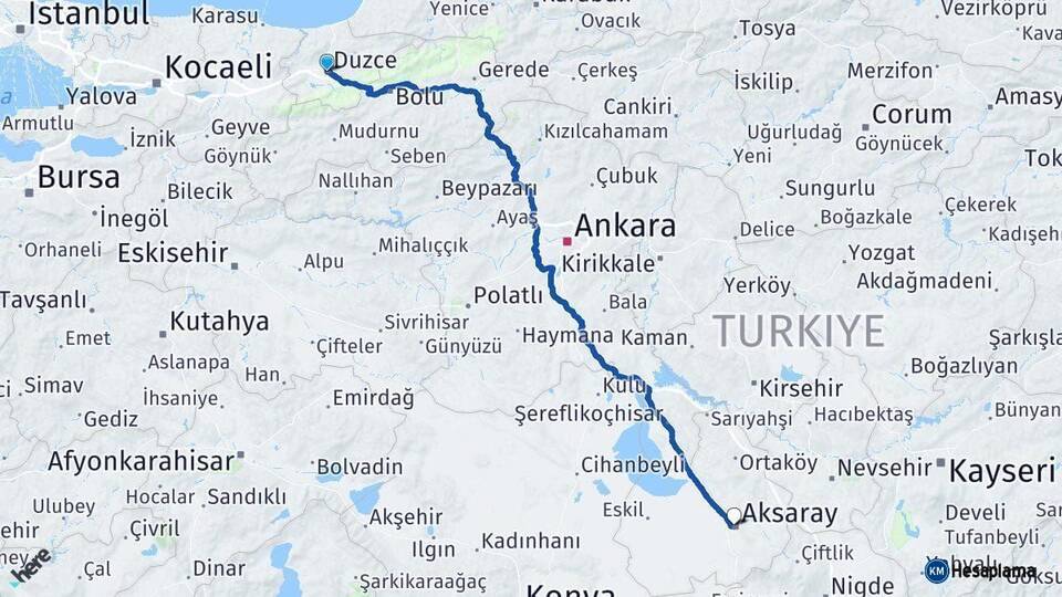 Düzce Aksaray Arası Kaç Km - Yol Haritası